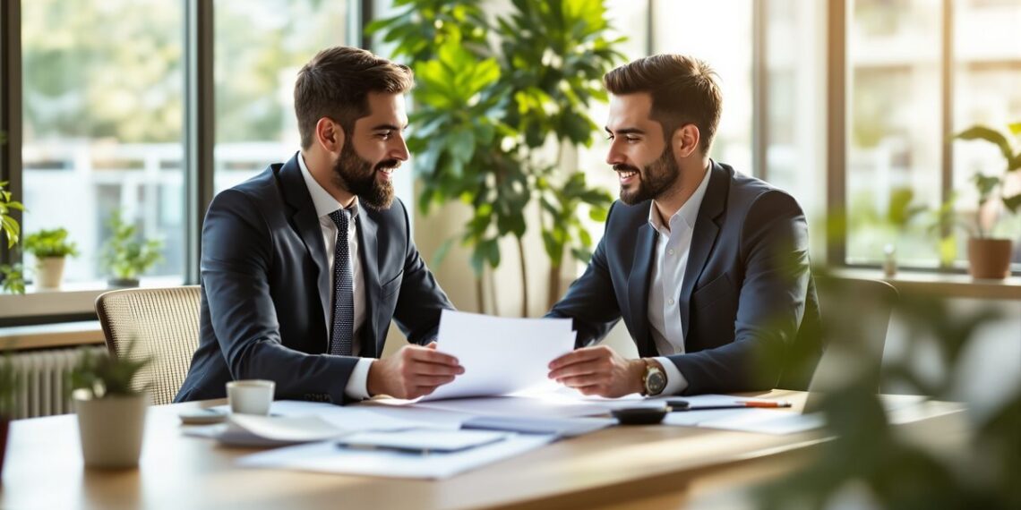Professionelle Gründungsberatung: Berater und Gründer besprechen Businessplan am Schreibtisch