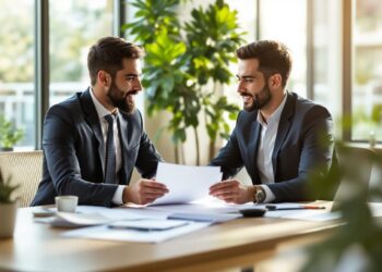 Professionelle Gründungsberatung: Berater und Gründer besprechen Businessplan am Schreibtisch