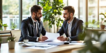 Professionelle Gründungsberatung: Berater und Gründer besprechen Businessplan am Schreibtisch
