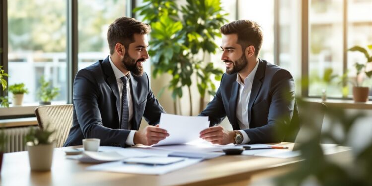 Professionelle Gründungsberatung: Berater und Gründer besprechen Businessplan am Schreibtisch
