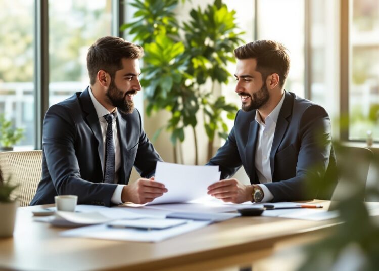 Professionelle Gründungsberatung: Berater und Gründer besprechen Businessplan am Schreibtisch