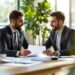 Professionelle Gründungsberatung: Berater und Gründer besprechen Businessplan am Schreibtisch