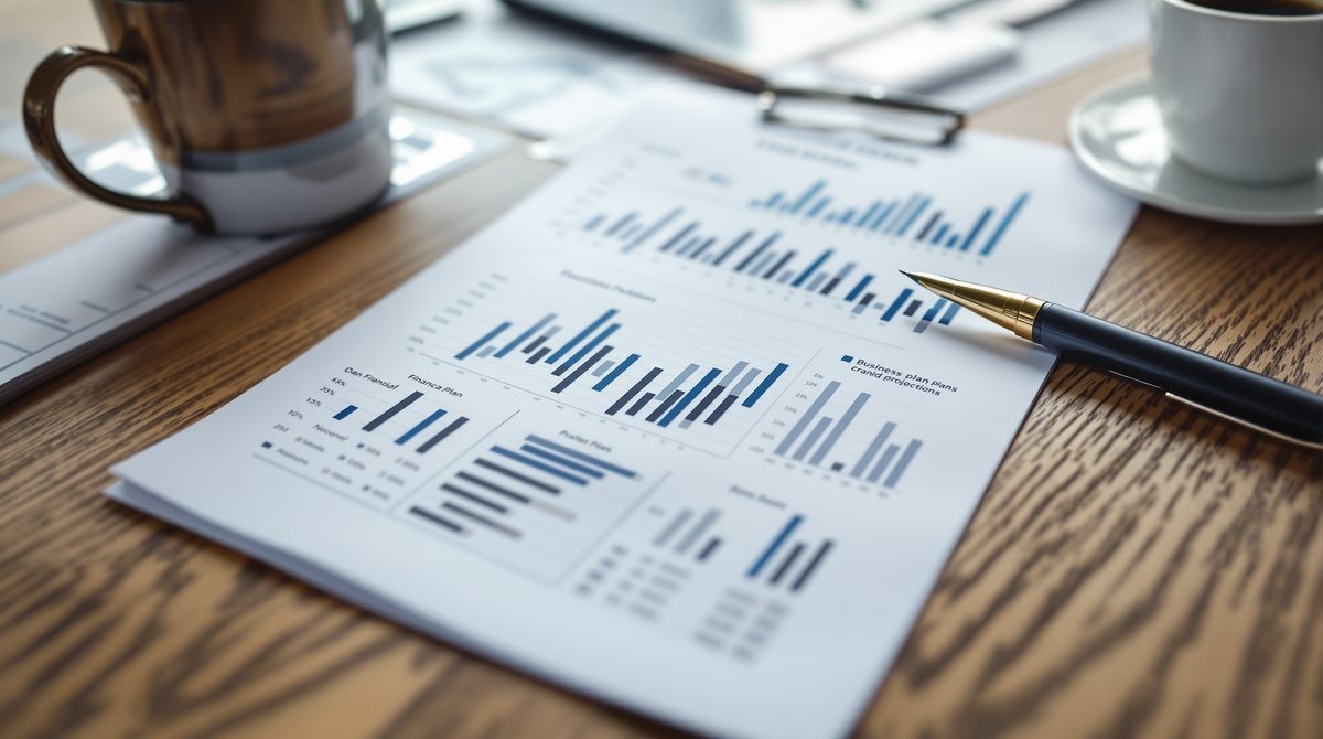 Businessplan-Dokumente mit Finanzcharts auf einem Schreibtisch — wichtiger Bestandteil jeder Gründungsberatung